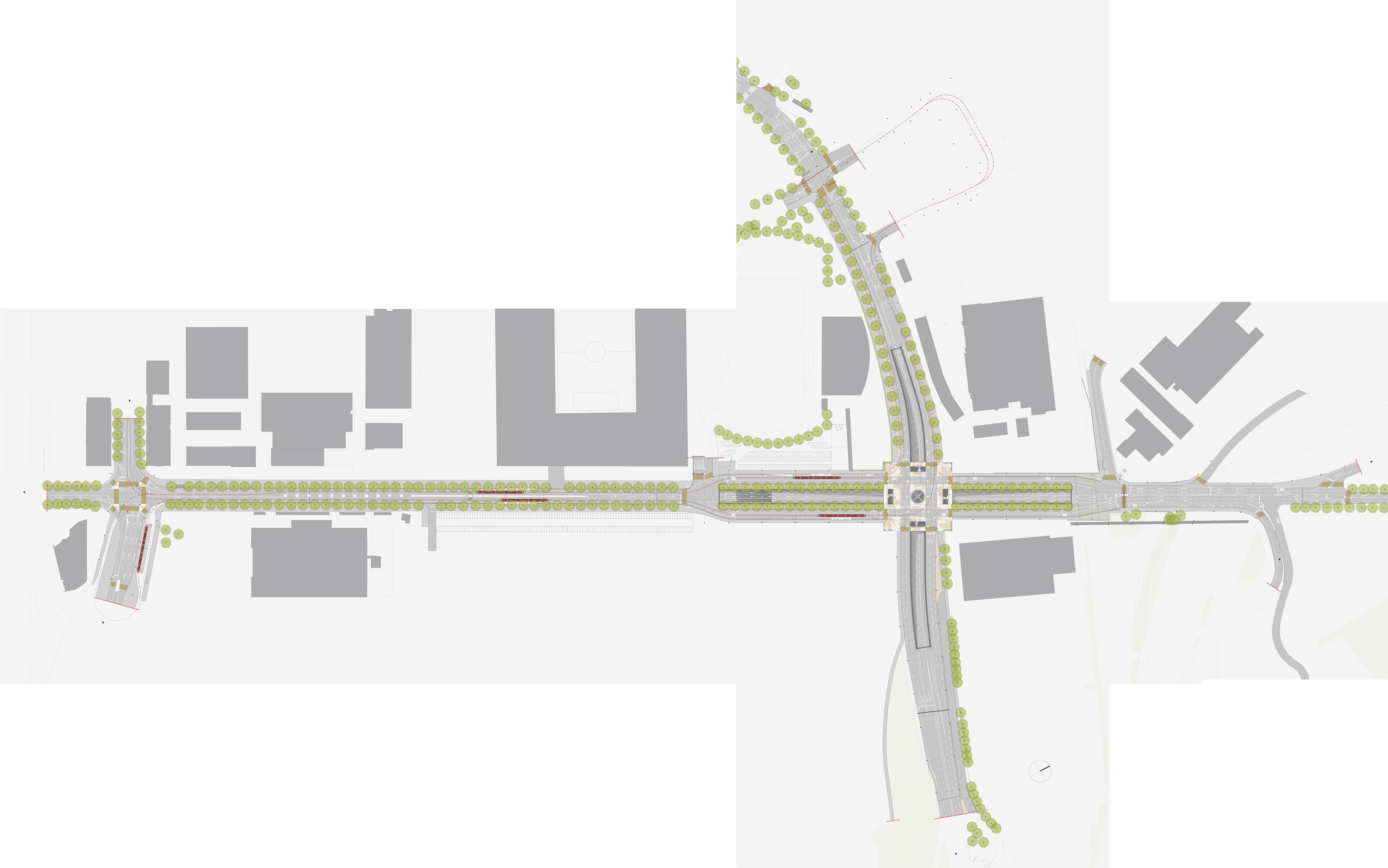 Übersichtsplan Neugestaltung Wankdorfplatz. Die historische Achse der Baumallee in der Papiermühlestrasse soll nach dem Ausbau wieder erlebbar sein (Gestaltungsplan: Team BE3)